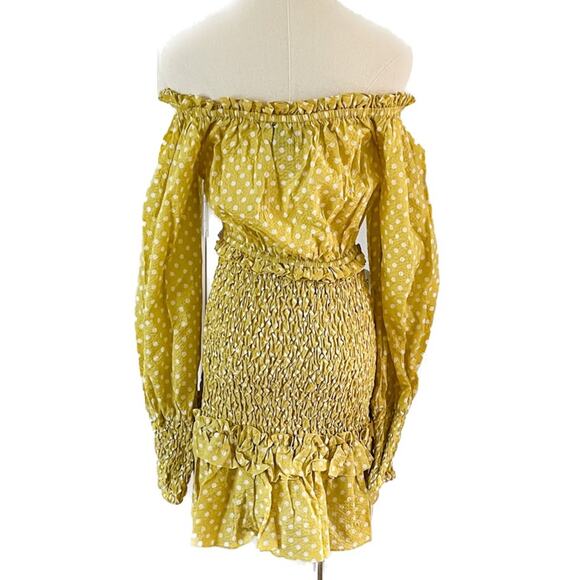 Alexis Marilena Smocked Polka Dot Off Shoulder Mini Dress yellow size large L - Picture 7 of 10